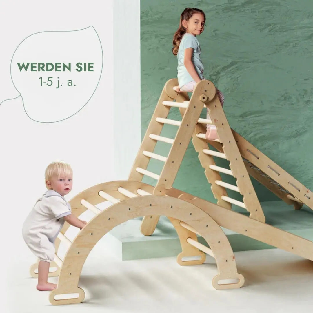 4in1 Montessori Klettergerüst Set: Kletterdreieck mit Rutsche, Kletterbogen, Kletternetz, für Kinder 1-7 Jahre – Beige-4
