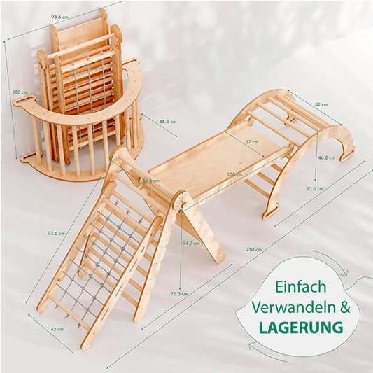 4in1 Montessori Klettergerüst Set: Kletterdreieck mit Rutsche, Kletterbogen, Kletternetz, für Kinder 1-7 Jahre – Beige-1