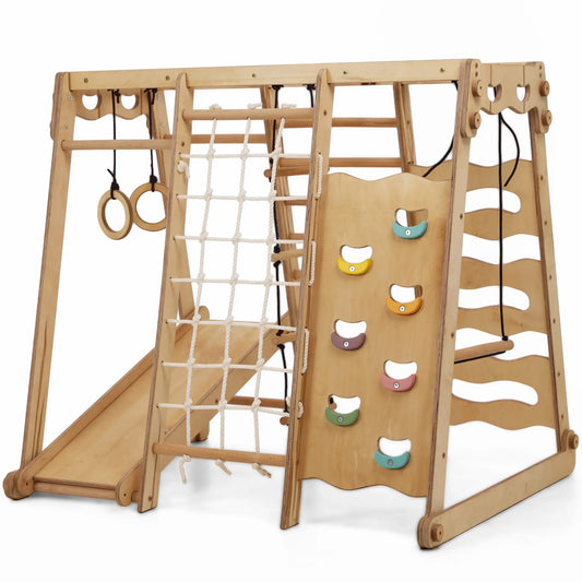 6in1 Indoor-Spielplatz aus Holz für Kinder – Schaukel, Rutsche, Seil und Treppe-0