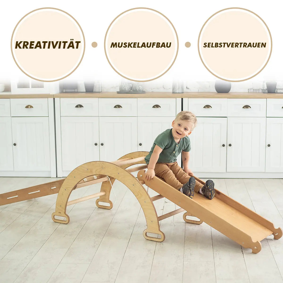 4in1 Montessori Klettergerüst Set: Kletterdreieck mit Rutsche, Kletterbogen mit Kissen, für Kinder 1-7 Jahre – Beige-4