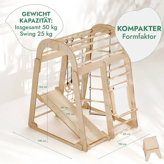 8in1 Indoor Spielplatz: Klettergerüst mit Kletternetz, Rutsche, Gymnastikringe, Hängende Leiter, Disc-Schaukel, Maltafel und Kinderstuhl – Beige-1
