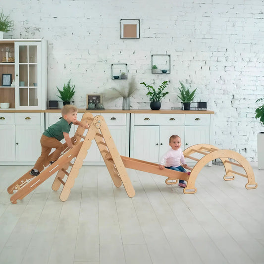 4in1 Montessori Klettergerüst Set: Kletterdreieck mit Rutsche, Kletterbogen, Kletternetz, für Kinder 1-7 Jahre – Beige-0