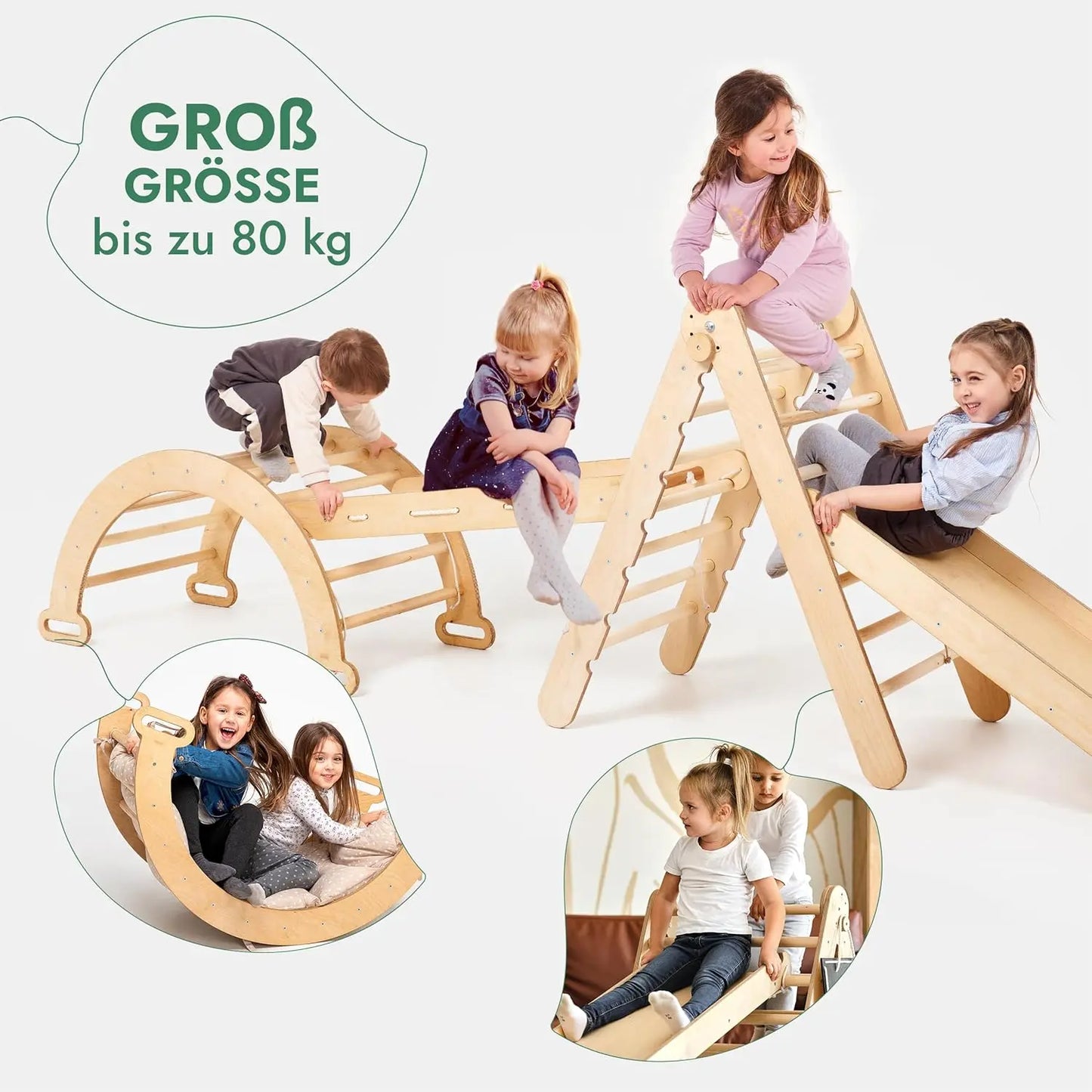4in1 Montessori Klettergerüst Set: Kletterdreieck mit Rutsche, Kletterbogen, Kletternetz, für Kinder 1-7 Jahre – Beige-2