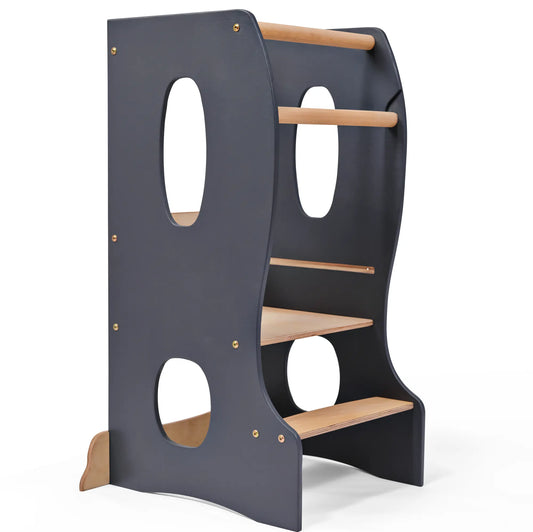 Stabiler Montessori Lernturm: Mitwachsender Kinderstuhl aus Holz – Grau-0
