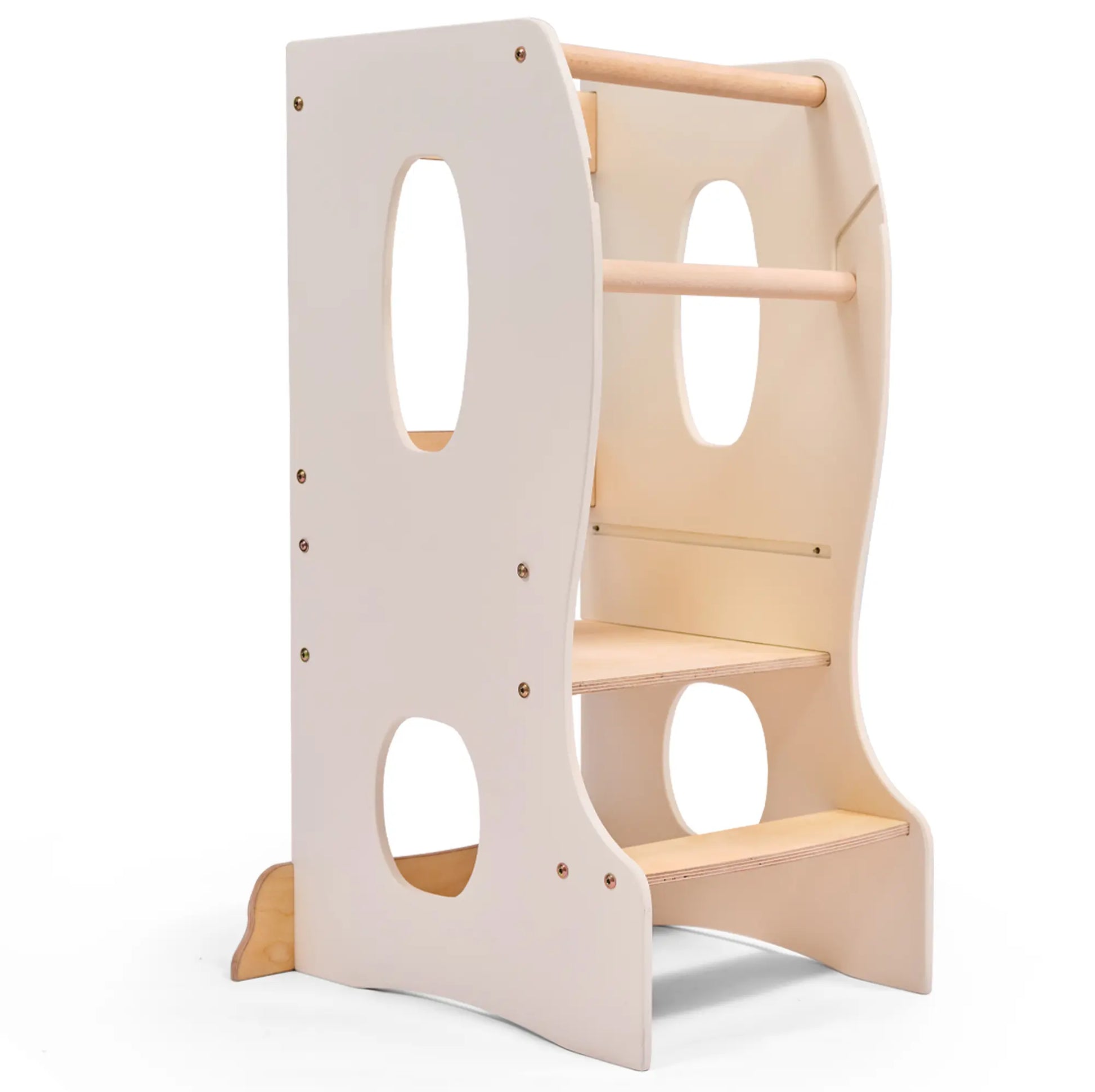 Stabiler Montessori Lernturm: Mitwachsender Kinderstuhl aus Holz – Elfenbein-0