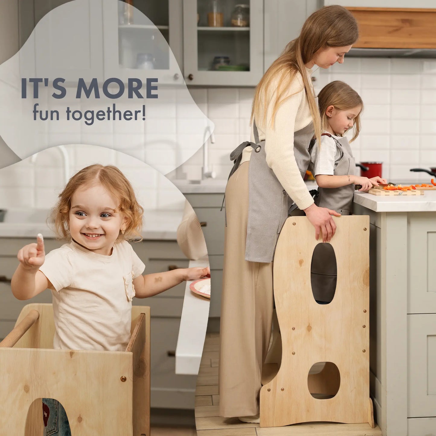 Stabiler Montessori Lernturm: Mitwachsender Kinderstuhl aus Holz – Beige-4
