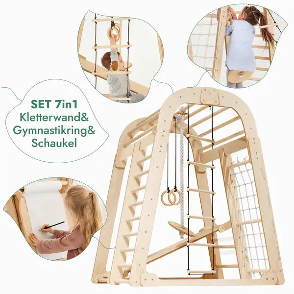 8in1 Indoor Spielplatz: Klettergerüst mit Kletternetz, Rutsche, Gymnastikringe, Hängende Leiter, Disc-Schaukel, Maltafel und Kinderstuhl – Beige-3